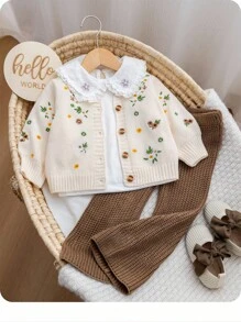 SHEIN 2pcs Baby Girl Floral Pattern Knit Sweater And Elastic Waist Pants Set, Beige, Autumn/Winter Embroidered Cardigan Sweater Set Brown Sweater Wide-Leg Pants Fall