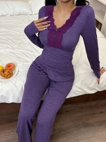 SHEIN 女士休闲紫色针织蕾丝拼布深 V 领长袖上衣和裤子睡衣套装，秋季服装 - 紫色 - 查看 6
