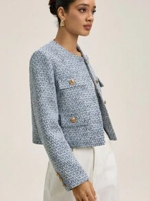 Revavyn 女士通勤优雅圆领单排扣粗花呢西装外套 - 藍色 - 查看 3