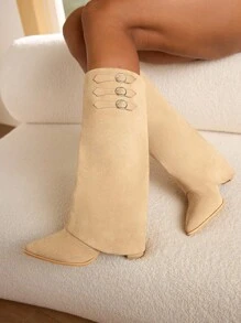 Daringsoles Botas occidentales de tacón grueso con punta puntiaguda y flecos para mujer, botas altas de ajuste ceñido - Camel - Ver 5