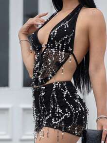 Carolina Barros 2 件合身闪亮流苏亮片垂坠领背心和迷你裙套装 - 黑色 - 查看 5