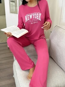 字母印花极简宽松长袖上衣和裤子女士睡衣套装，秋冬服装 - 玫紅色 - 查看 5