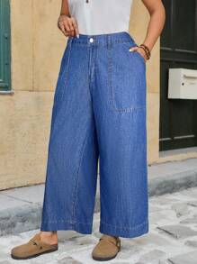 EMERY ROSE Mature Denim 大码女式休闲街头时尚度假风格侧袋宽松阔腿牛仔裤宽松牛仔裤 Y2k 女式阔腿牛仔裤女式阔腿牛仔裤宽松牛仔裤女式阔腿牛仔裤女式阔腿牛仔裤，女式秋季服装 - 中等水洗藍 - 查看 4