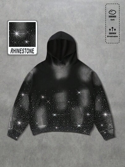 Street Life Men's Distressed Rhinestone Embellished Hoodie, Loose Cropped Fit