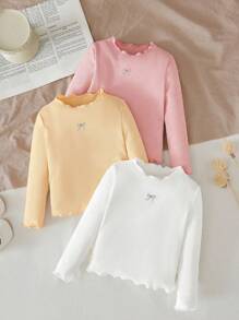 SHEIN LMoss Kids LMoss 3件套女婴可爱针织爱心图案荷叶边下摆上衣，秋冬女婴罗纹衬衫，女婴长袖衬衫，女婴上衣，女婴长袖衬衫，女婴蝴蝶结衬衫 - 彩色 - 查看 5