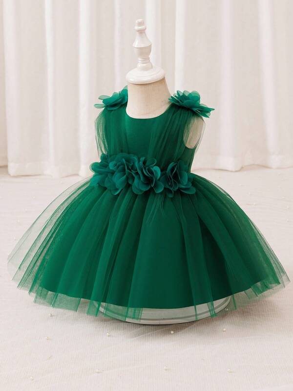 Glamorique Kids Vestido de malla y satén verde para niñas, vestido de fiesta de Navidad y Halloween con decoración floral 3D, vestido jumper sin mangas, vestido de tutú para bebés para todas las festividades