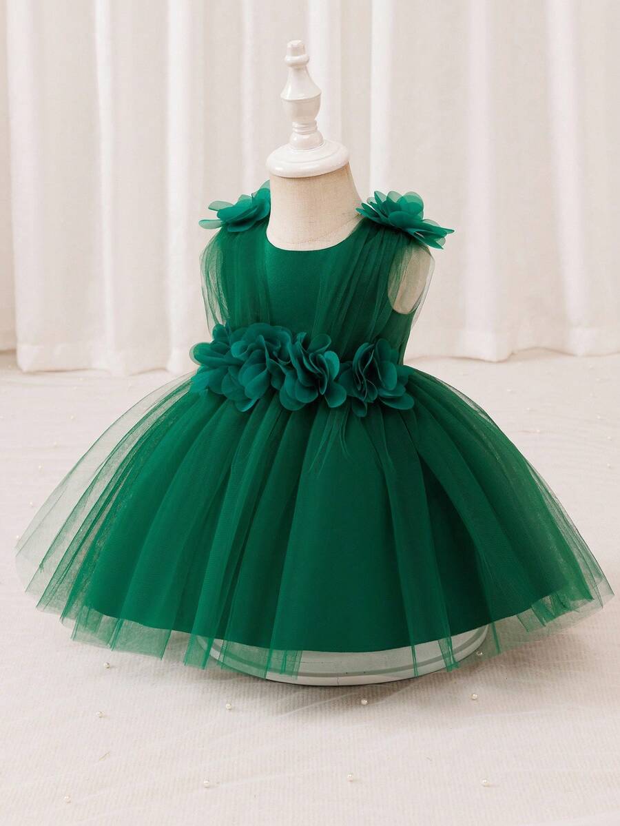 Glamorique Kids 女童绿色网纱雪纺连衣裙 - 表演派对礼服,饰有3D立体花朵,无袖背心连衣裙,泡泡袖婴儿连衣裙,生日礼服,婚礼宾客公主裙 - 綠色 - 查看 1