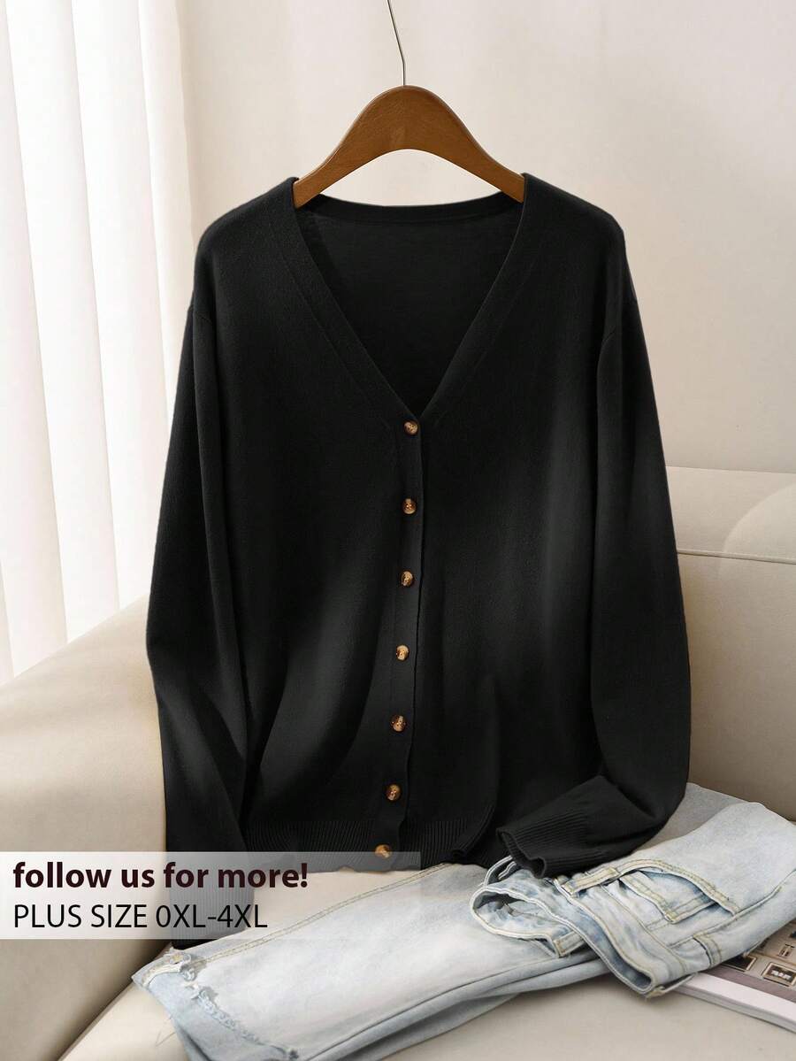 CosyJoli Women Plus Size Solid Color Front Button V-Neck Long Sleeve Basic Cardigan, For Winter Fall