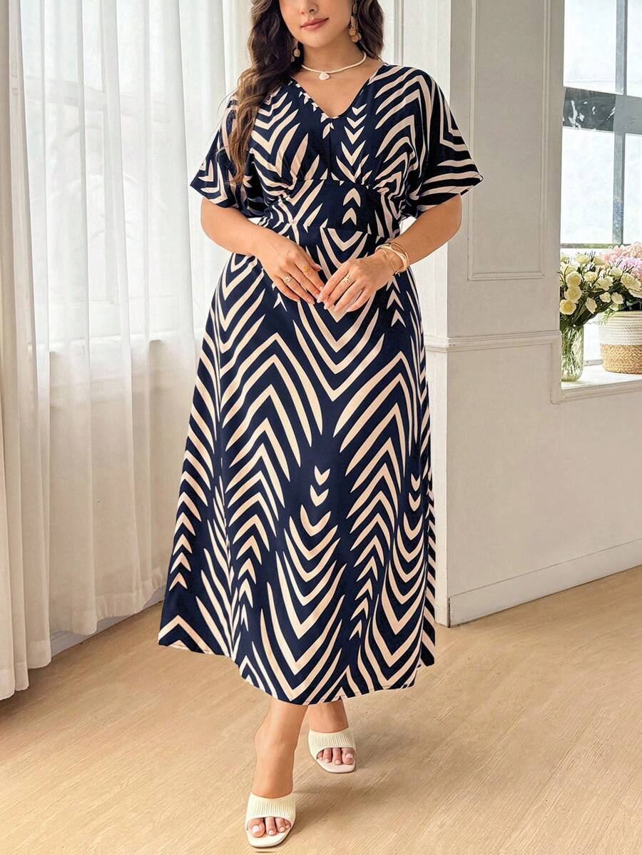 SHEIN Privé Plus Size Elegant Commute & Vacation V-Neck Color Block Splice A-Line Wavy Striped Color Block Print Maxi Dress; Solid Color Maxi Dress For Wedding Season Plus Size Maxi Summer Dress Plus Size Summer Dress Plus Long Dress Curve Long Dress Summer Dress - Blue and White - View 1