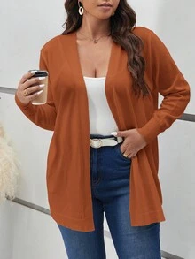 SHEIN Frenchy Große Größen Lässig Loose einfarbige Langarm Strickjacken - Rostbraun - Übersicht 1