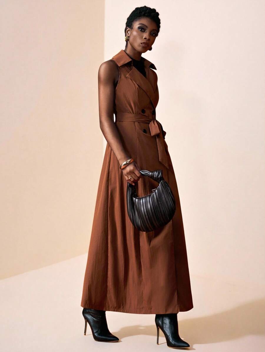 Zivah 2025秋冬新品，音乐节，毕业季，学院风，学生装，日常休闲，百搭百搭，休闲，沙滩，街头风，通勤优雅，翻领无袖长款系带风衣外套，棕色 - 棕色 - 查看 1