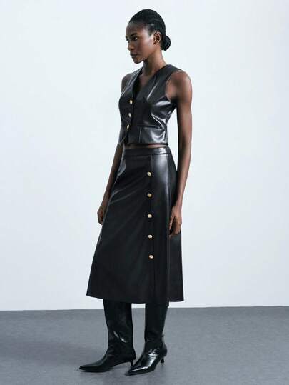 Maija Women's Fashion Commuter Vest & Skirt Set Leather Vest And Skirt Set Women Leather Skirt Set Button Down Leather Skirt Faux Leather Vest And Skirt Set Leather Vest Skirt Outfit Modern Urban Casual Fashion Business Casual Women's Office Wear Low-Key Old Money Style Effortless Temperament High-End Urban Commuting High-Quality Airport Women's Wear High-End Material Street Style, Sophisticated, Simple And Cool