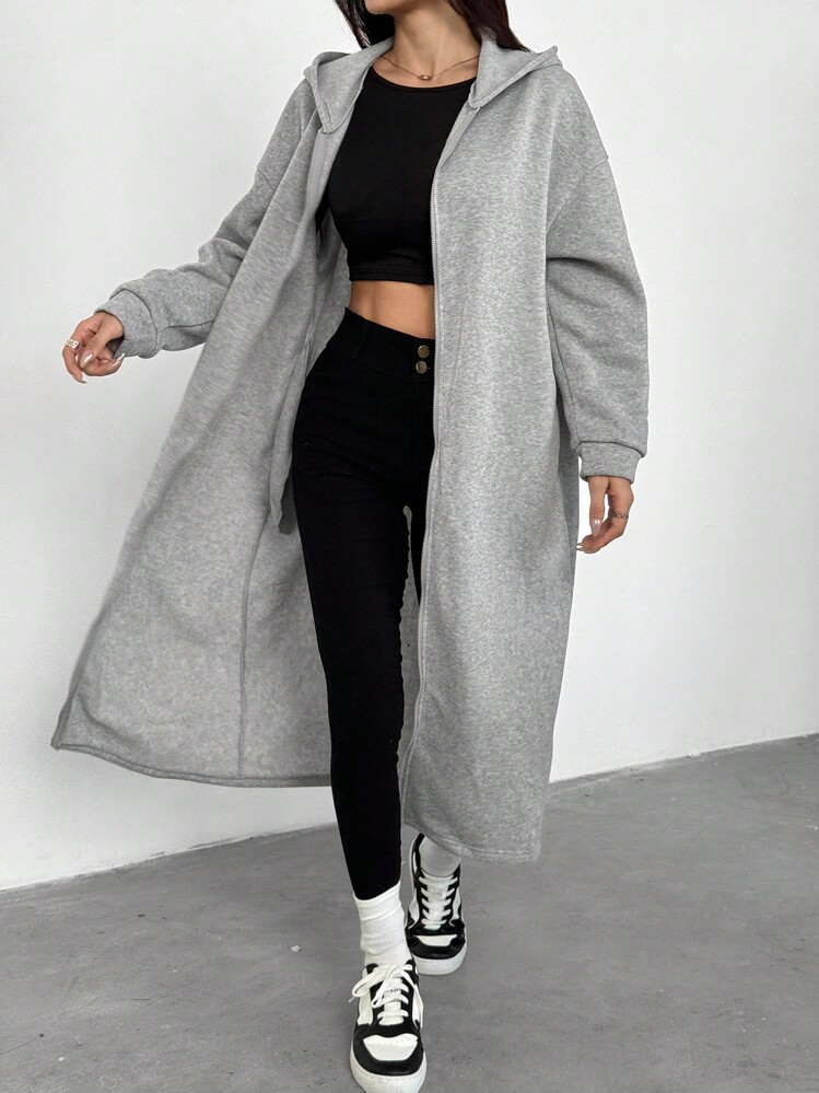 Sparklyn 青少年女孩休闲百搭日常居家运动瑜伽连帽拉链长款针织夹克，秋冬 - 灰色 - 查看 6