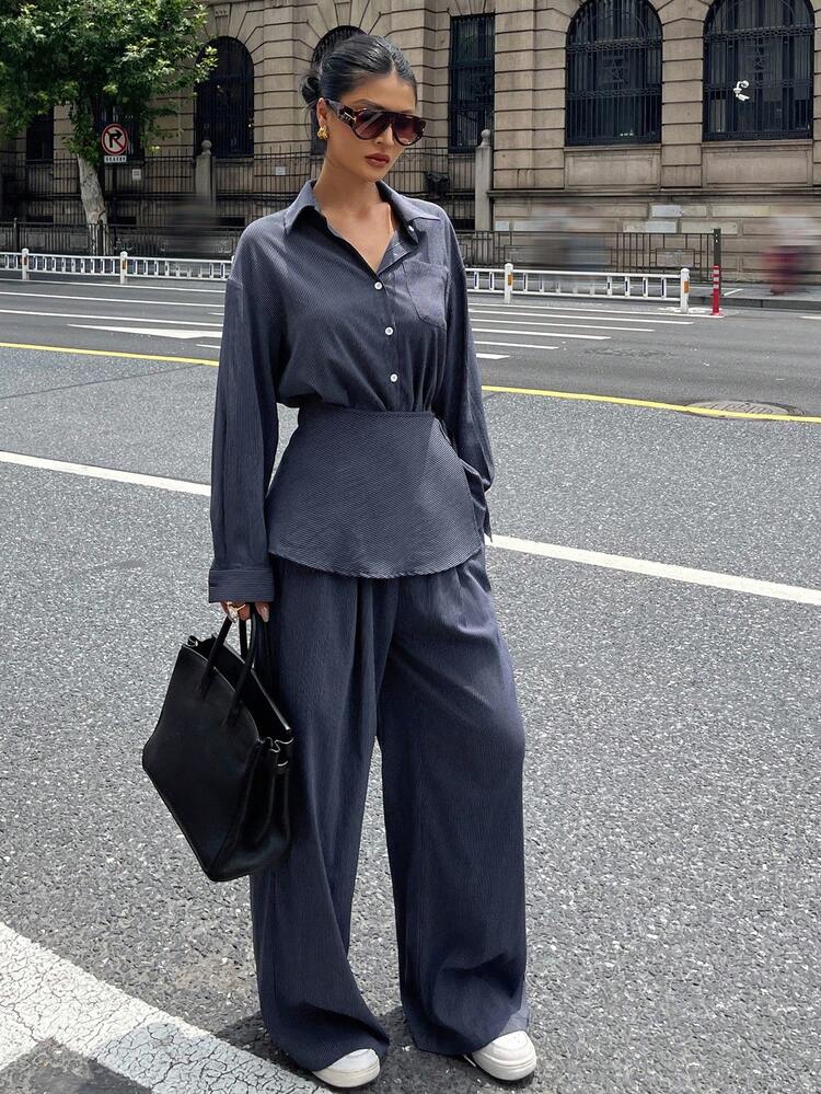3pcs Set: Striped Shirt, Fashionable Wide-Leg Pants, Stylish Design Lounge Sets For Women