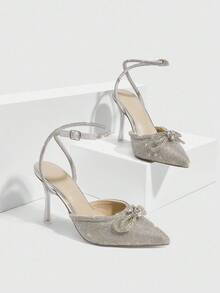 CUCCOO SZL Pointed Toe Rhinestone Bowknot Ankle Strap High Heel Sandals Valentine's Day - Silver - View 2