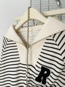 INAWLY 女式 Polo 领半拉链条纹长袖套头衫秋季