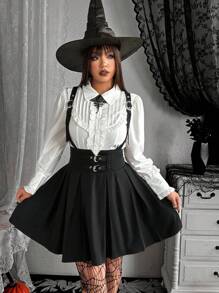 Whyspr 大码时尚深色褶皱背带裙 - 黑色 - 查看 3