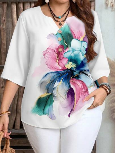 EMERY ROSE Chemise à manches courtes col V avec imprimé floral pour femmes grandes tailles, convient pour l'été