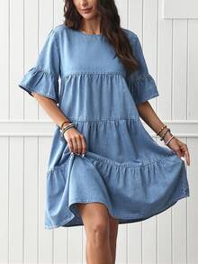 EMERY ROSE 女士圆领喇叭袖宽松牛仔娃娃裙 - 淺色水洗藍 - 查看 3