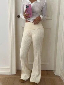 Aloruh Women's Casual Slim Fit Flared Leg Knitted Pants, Versatile For Home, Commute, Outing, Autumn/Winter, Beige,Fall - Apricot - View 7