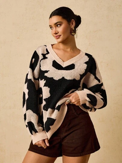 Travachic 大码女式花卉提花V领宽松长袖毛衣，秋季休闲装