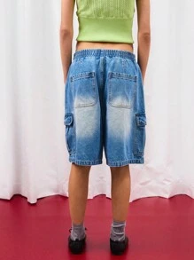 COUREZ Low Waist Elasticated Waistband Cargo Denim Shorts /Y2K  Women Clothes  Clothes Casual Cute Elegant Vacaction Summer Back To School - Light Wash - View 3