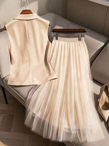 Franclia Women's Elegant 2Pcs Set Office Commute: Vest & Tulle A-Line Long Skirt