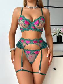 SHEIN 3pcs/Set Women's Sexy Lace Embroidery Underwire Lingerie Set, Going Out - Multicolor - View 4