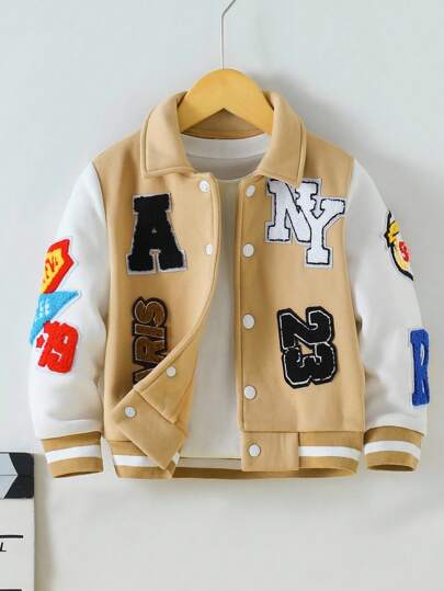 SHEIN 1pc Boys' Street Style Casual Jacket, Simple Collar Design, White Sleeve Contrast Brown Body, Embroidered Patch Fleece Lining, Ribbed Cuffs & Hem, Suitable For Daily Wear, Sports, School, Travel, Pair With Jeans Or Casual Pants, Suitable For School, Holiday, Halloween, Christmas Fall Winter