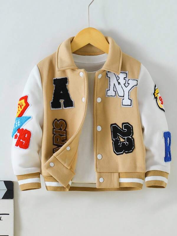 SHEIN 1pc Boys' Street Style Casual Jacket, Simple Collar Design, White Sleeve Contrast Brown Body, Embroidered Patch Fleece Lining, Ribbed Cuffs & Hem, Suitable For Daily Wear, Sports, School, Travel, Pair With Jeans Or Casual Pants, Suitable For School, Holiday, Halloween, Christmas Fall Winter