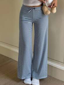 Tween Girl Casual Palazzo Pants With Striped Pattern & Bow Decor, Back To School, Fall, Winter/Y2k,Halloween/Back To School/First Day Of School Comfy Pants