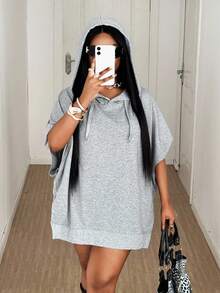 Maweii 大码女式纯色蝙蝠袖宽松休闲抽绳卫衣 - 灰色 - 查看 4