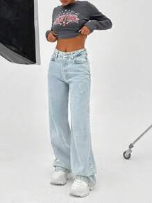 SHEIN Cottnline بنطلون جينز للنساء بقطع واسع في الساق وتفاصيل ممزقة خصر مرتفع - أزرق فاتح - مشاهدة 5