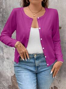 EMERY ROSE Plus Size Casual Versatile Solid Color Cardigan Fall Winter Cloth For Women Autumn - Hot Pink - View 6