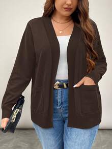 SHEIN LUNE Plus Size Casual Versatile Commuter Solid Color Cardigan With Dual Pockets In Fall/Winter - Brown - View 5