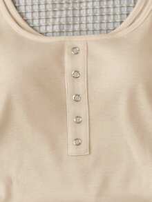 SHEIN Teen Girl's Basic Polka Dot Ribbed Casual All-Match Tank Top With Metal Buttons,Built In Bra,Racerback,Summer,Beige,Casual,Graduation - Apricot - View 5