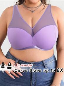 SHEIN CURVE+ Plus Size Solid Color Mesh Insert Wireless Curved Tank Top Summer/Country/Beach Vacation/Beach Wear - Mauve Purple - View 1