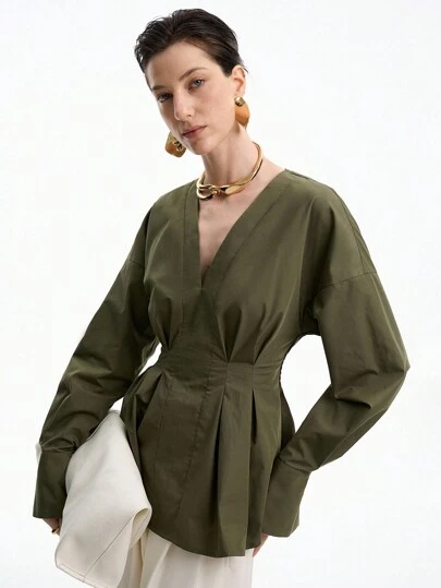 Aalyst 女士优雅褶皱衬衫，前后褶皱，弹力落肩长袖衬衫，适合办公室、通勤、度假、休闲装、春秋冬