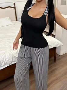 SHEIN 休闲针织吊带上衣和泡泡皱条纹裤家居服套装 - 黑色 - 查看 6