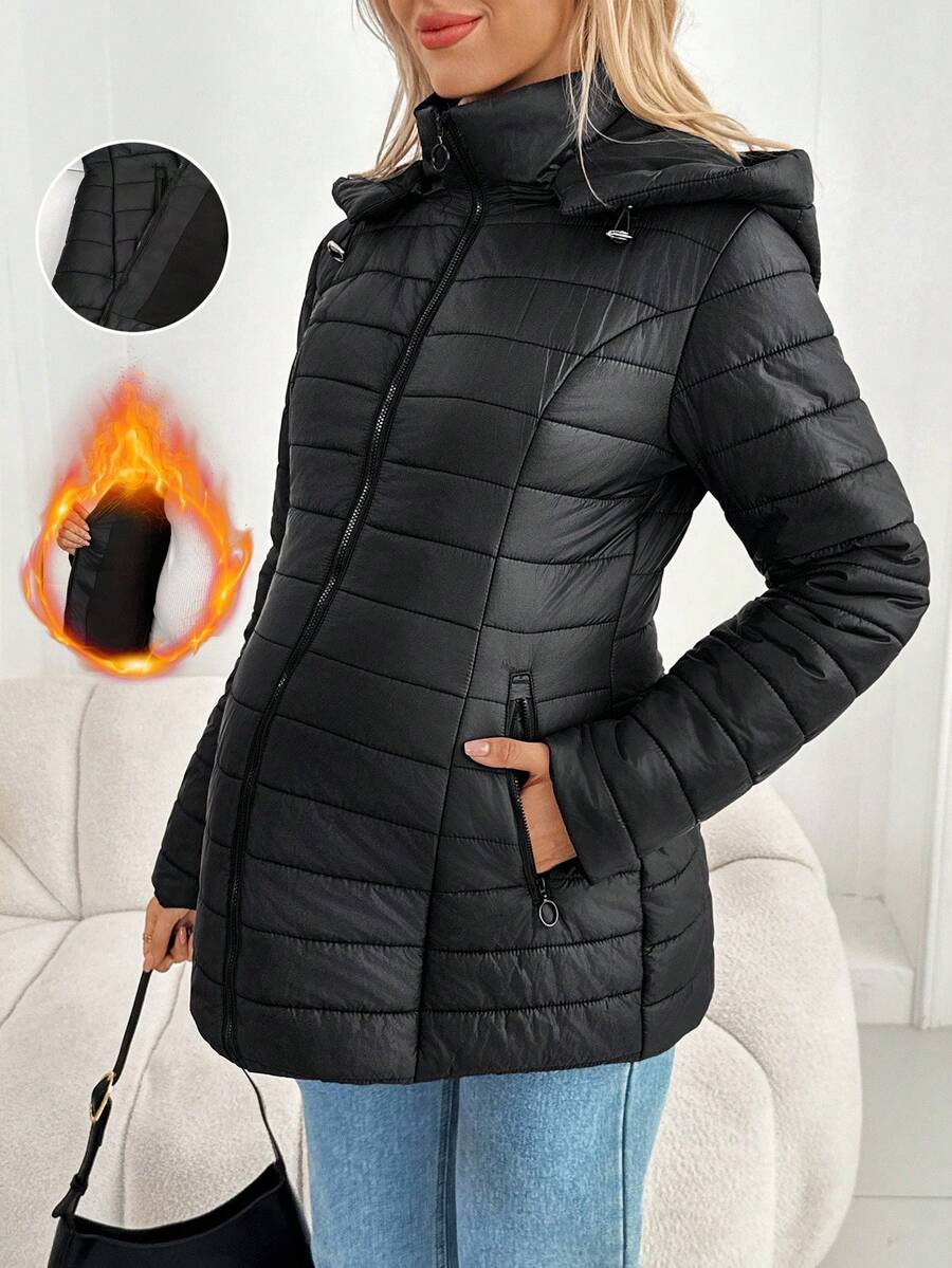 SHEIN 孕妇纯色长袖拉链前抽绳连帽休闲冬季夹克 - 黑色 - 查看 1