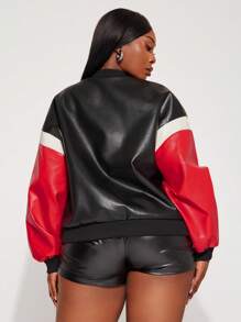 Radiana 大码女式秋冬清爽日常基础款字母印花撞色落肩PU皮机车夹克，适合日常穿着、乡村音乐会；赛车夹克；棒球夹克；女式摩托夹克；女式赛车服；嘻哈、休闲、街头风、西部风、音乐节、复古、极简主义、演唱会、嘉年华派对、度假、郊游、假期、节日、约会之夜、聚会、生日、单身派对、辣妹风、休闲、锐舞、夜店、可爱、休闲、购物、街头风秋季单品 - 彩色 - 查看 2