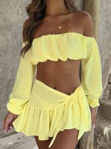 INAWLY 2 件套女士休闲性感露肩灯笼袖短款上衣和迷你裙套装 - 黃色 - 查看 4