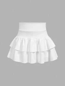 Tween Girls 2 Packs Knitted Solid Color Cute Ruffle Layered Built-In Shorts Mini Skirt, Y2K Fashion, Back To School, Teen Skirts Set, Ruffle Skort, Skirts With Shorts Underneath, Tiered Ruffle Skirt, Teen Ruffle Skirt Fall Winter - Multicolor - View 5