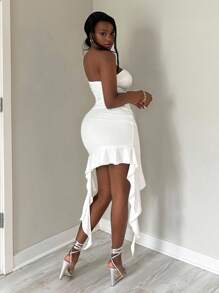 SHEIN SXY 大码女装秋冬春夏优雅性感简约纯色日常连衣裙，荷叶边下摆，适合婚礼季、浪漫嘉年华、度假等场合，白色荷叶边连衣裙，白色派对礼服，白色鸡尾酒礼服，全白派对套装 - 白色 - 查看 5