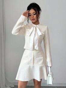 Elenzga Women's Elegant Frill Trim Tie Neck Jacket & Mini Skirt 2 Pieces Set Fall Cloth For Women - Apricot - View 4