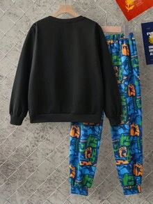 Discovery X SHEIN Tween Boys' Colorful Camo Plaid Dinosaur Print Patchwork Contrast Color Loose Drop Shoulder Sweatshirt & Pants Set, Autumn/Winter - Multicolor - View 2