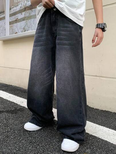 SHEIN 青少年男孩时尚休闲 Y2K 复古酷炫街头返校学院风黑色宽松舒适简约基础款牛仔裤柔软日常穿着，适合秋冬季返校、返校节、锐舞音乐节和海滩街头服饰。