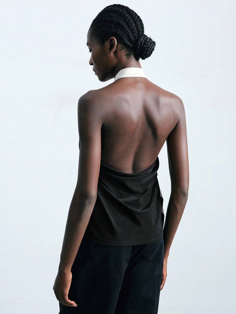 SHEIN Maija Top da donna con scollo alla halter, senza schienale, con decorazione metallica e orlo spaccato a contrasto, adatto per Ognissanti e feste di Natale