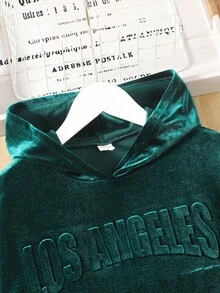 SHEIN Tween 女童休闲优雅天鹅绒压花标语英文图案连帽衫宽松落肩套头衫和紧身裤套装 - 墨綠色 - 查看 3