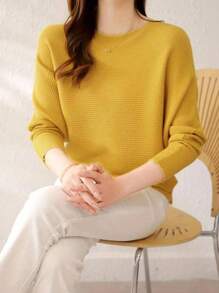 EMERY ROSE Suéter de punto acanalado con cuello de barco, mangas de murciélago y unicolor, tops de manga larga, jersey de punto para otoño e invierno - Amarillo - Ver 4